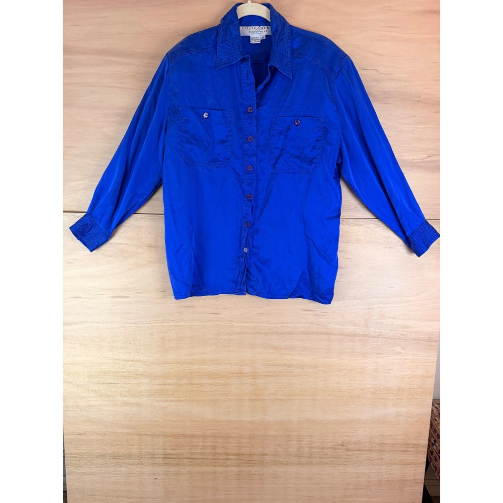 Lillie Rubin Exclusive Royal Blue 100% Silk Button Down Blouse Vintage Size 10